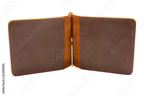 Brown money clip made of leather open on white background