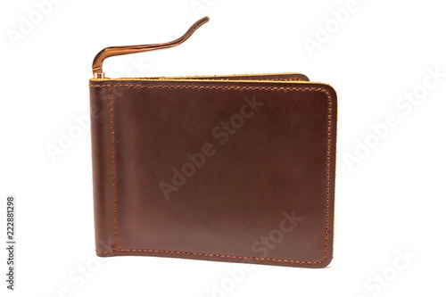 Brown money clip made of leather open on white background