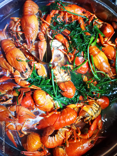 crayfish are cooked in a pot with dill
