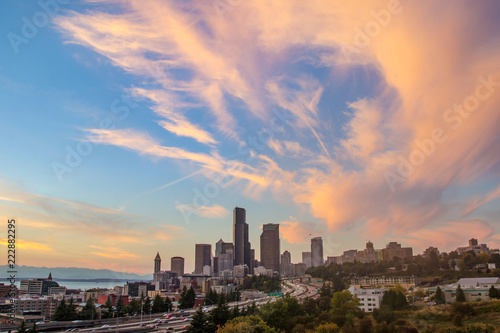A view of the highway and the Seattle city skyline at Sunset © Dene' Miles