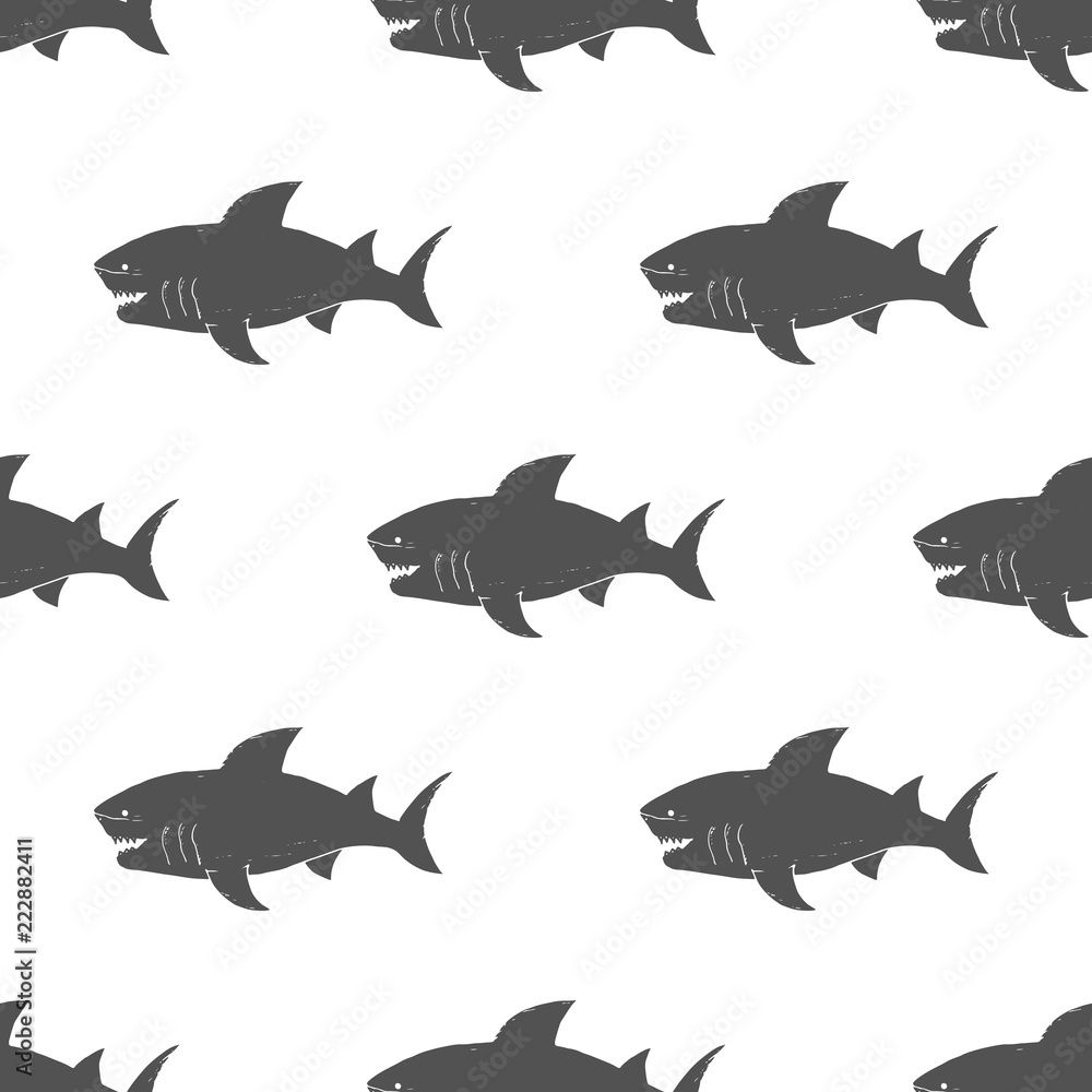 Fototapeta premium Shark seamless pattern, Hand drawn sketched doodle shark, vector illustration