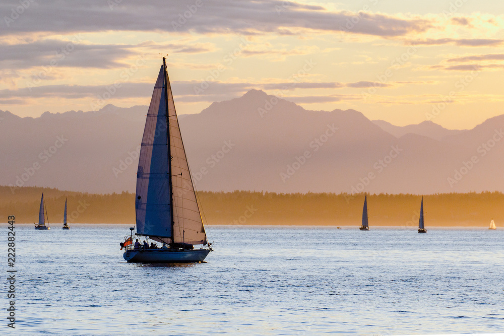 Fototapeta premium Sailboats and the Olympic Mountains