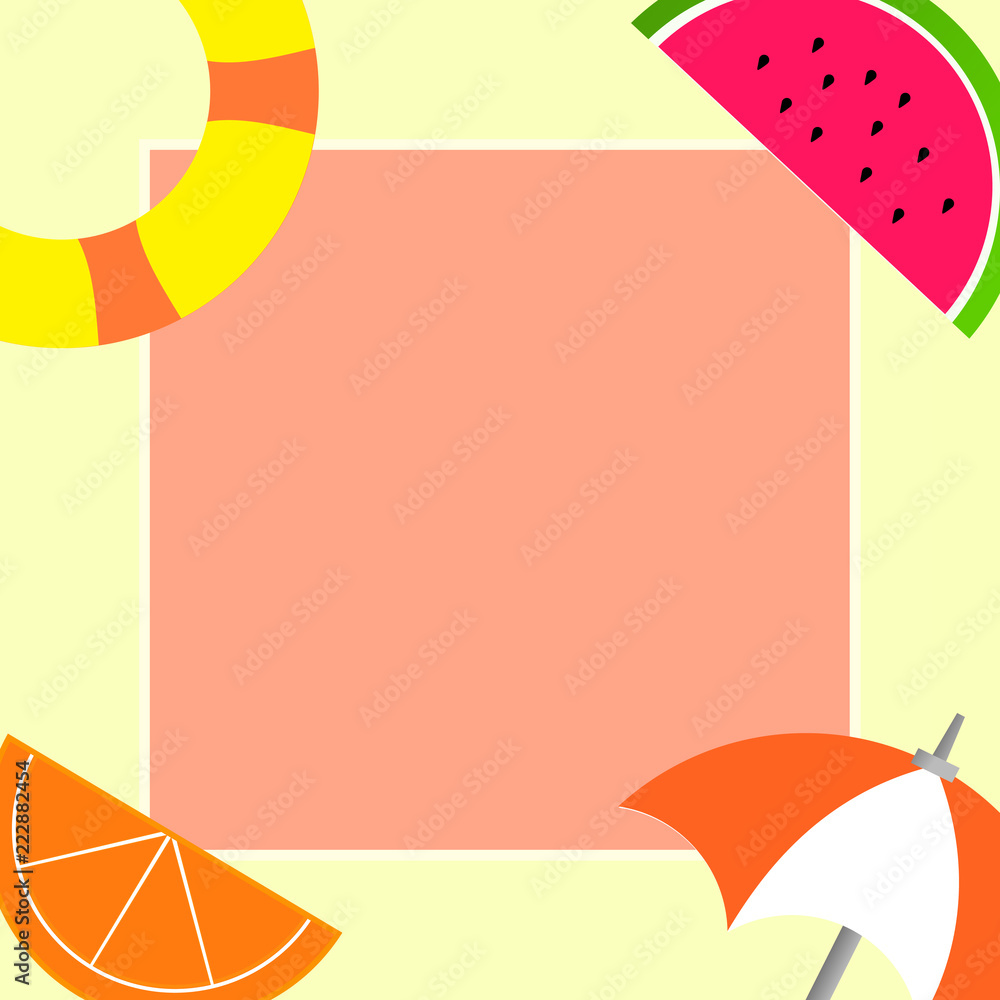 Flat design business Vector Illustration Empty template esp isolated Minimalist graphic layout template for advertising. Things related to Summertime Beach items on four corners with center space