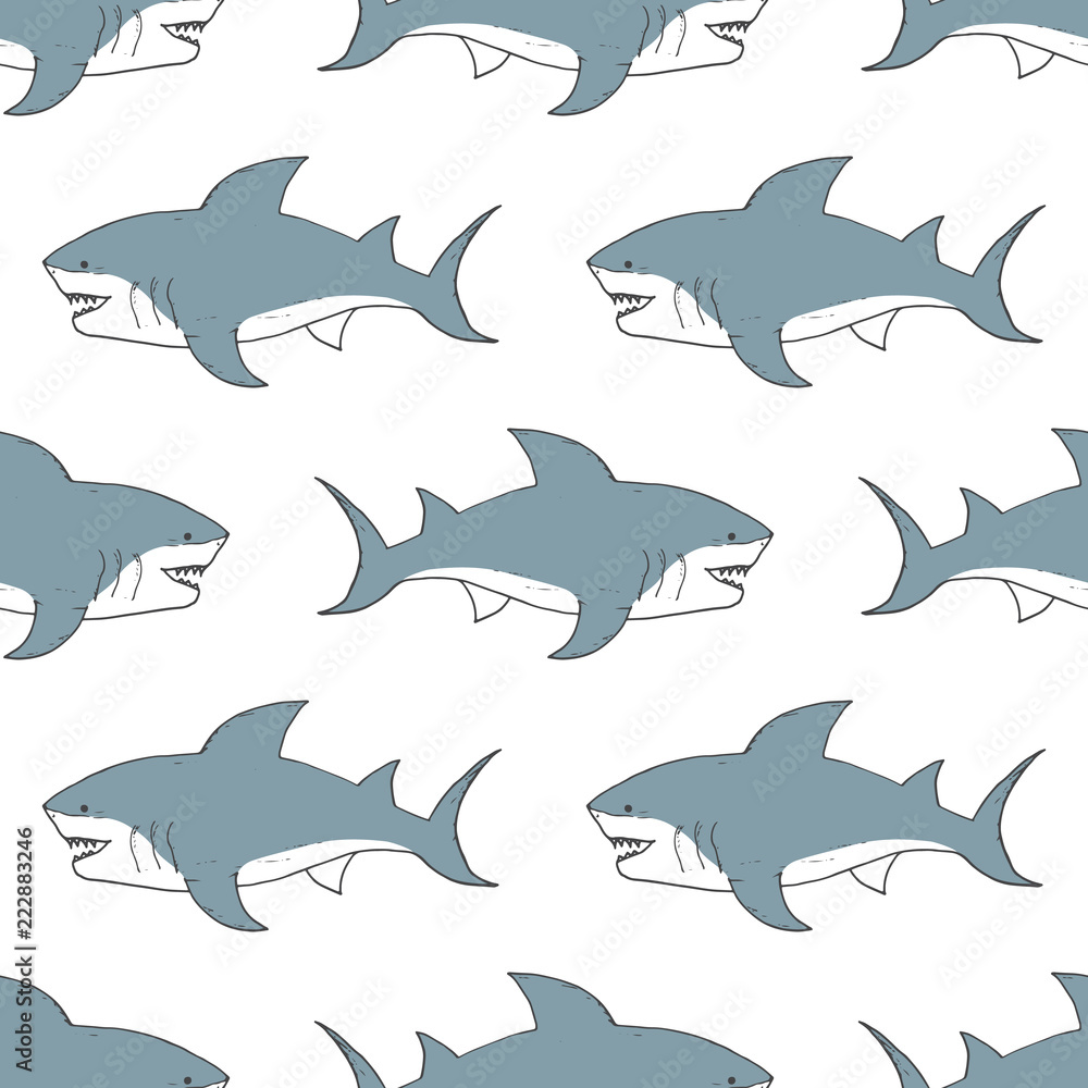 Obraz premium Shark seamless pattern, Hand drawn sketched doodle shark, vector illustration