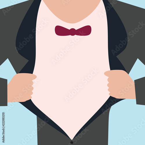 Flat design business Vector Illustration concept Empty template copy space Posters coupons promotional material. Man wearing Formal Suit Opening Half of his Tuxedo Jacket Coat wider