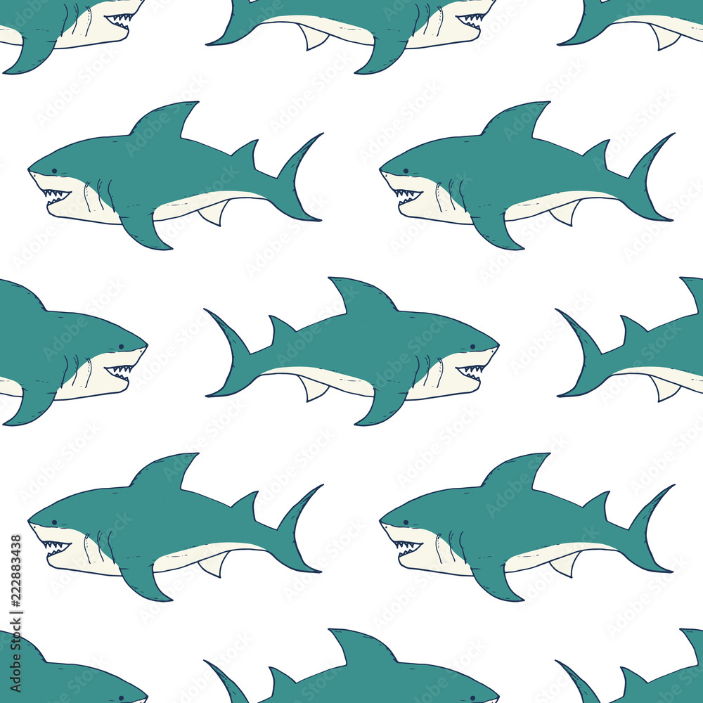 Naklejka premium Shark seamless pattern, Hand drawn sketched doodle shark, vector illustration