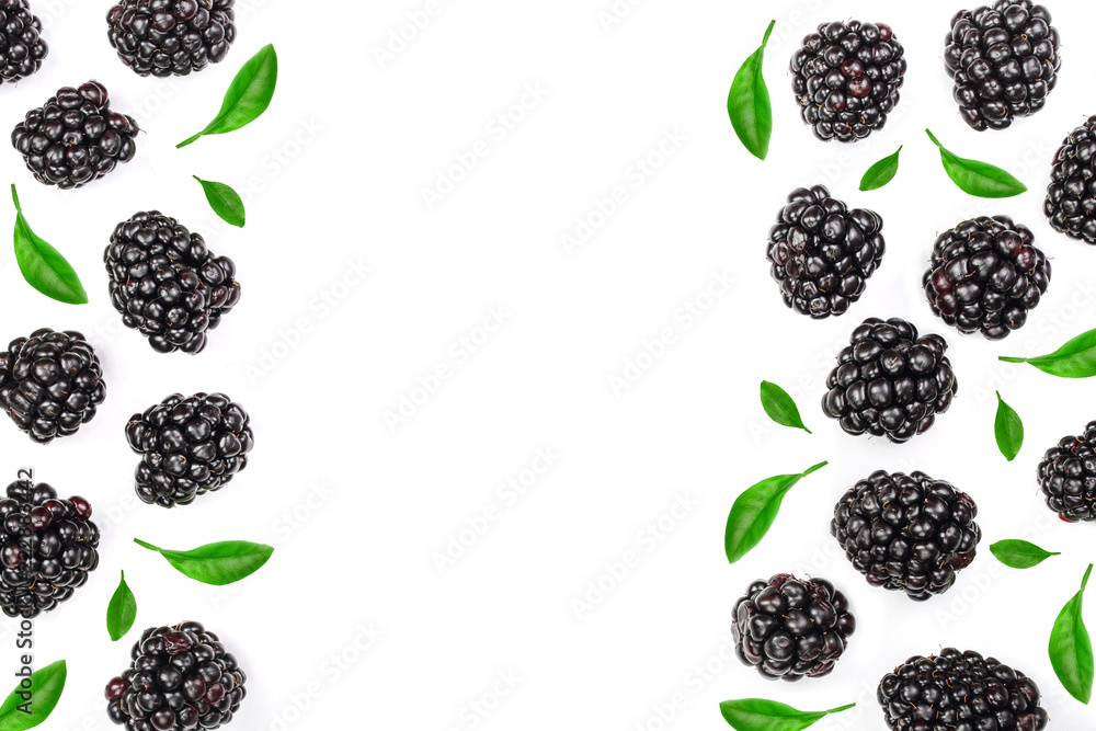 Fresh blackberry with leaves isolated on white background with copy space for your text. Top view. Flat lay pattern Fresh blackberry with leaves isolated on white background with copy space for your text. Top view. Flat lay pattern