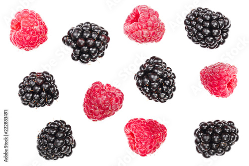 blackberry and raspberry isolated on white background. Top view. Flat lay pattern