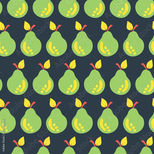 Pear seamless vector pattern background. Green an yellow hand drawn pears on black. Great for fabric, paper, packaging, home decor, kitchen decor, flyer, bar menu, summer party, farmers market, juice