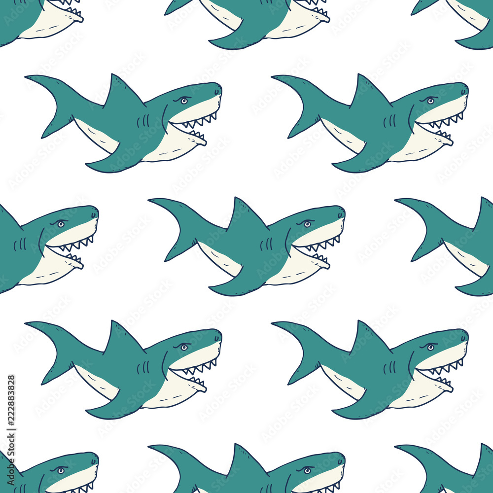 Obraz premium Shark seamless pattern, Hand drawn sketched doodle shark, vector illustration