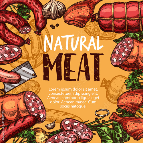 Meat poster with sausage, knife and spice sketch