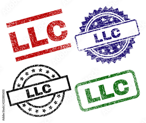 LLC seal imprints with corroded surface. Black, green,red,blue vector rubber prints of LLC text with corroded surface. Rubber seals with circle, rectangle, medal shapes.
