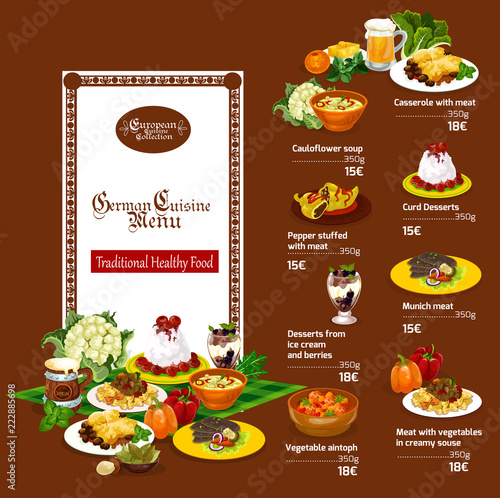 German cuisine menu with restaurant dishes