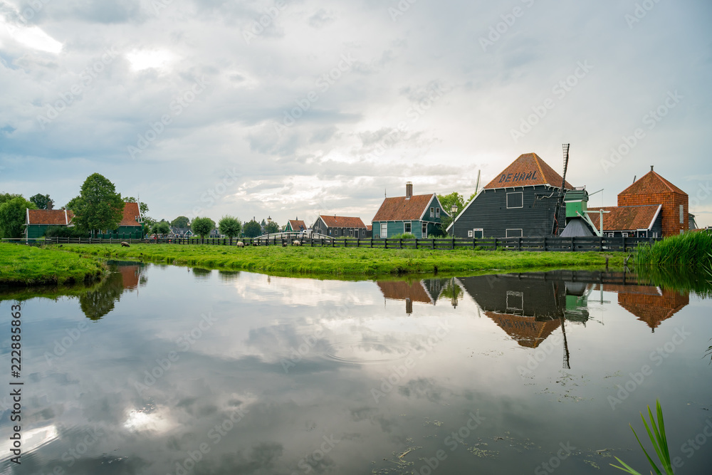 Beautiful Dutch houses with reflection at Zaandijk