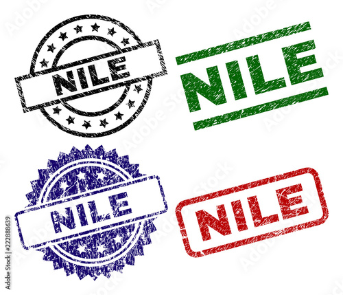 NILE seal imprints with corroded surface. Black, green,red,blue vector rubber prints of NILE label with corroded surface. Rubber seals with circle, rectangle, medal shapes.