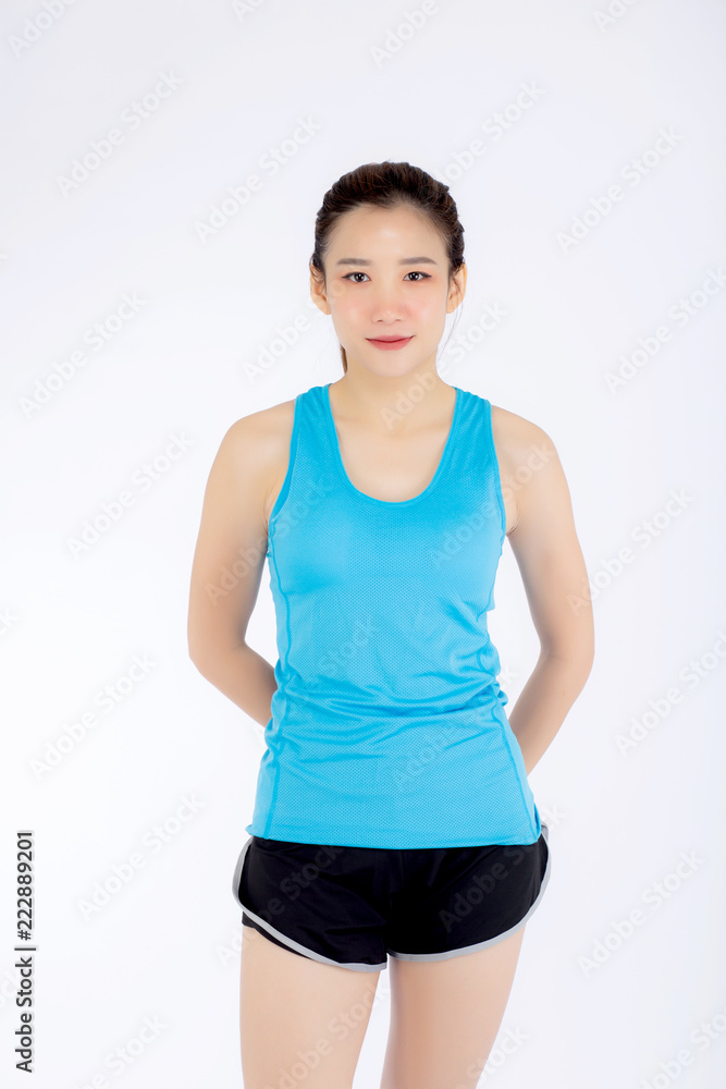 Beautiful portrait young asian woman in sport clothing with satisfied and confident isolated on white background, girl asia have shape and wellness, exercise for fit with health concept. Beautiful portrait young asian woman in sport clothing with satisfied and confident isolated on white background, girl asia have shape and wellness, exercise for fit with health concept.