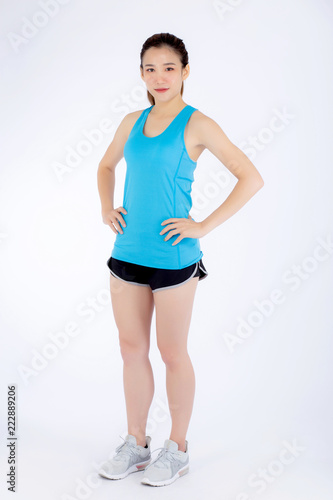 Full-length beautiful portrait young asian woman in sport clothing with satisfied and confident isolated on white background, girl asia have shape and wellness, exercise for fit with health concept.