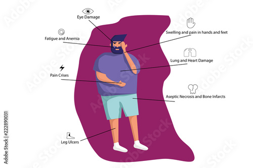 Sickle cell disease symptoms. Illustration of the caucasian man suffering from the sickness
