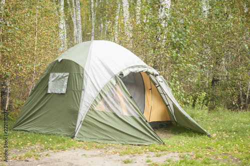 Tourist camp in the autumn forest