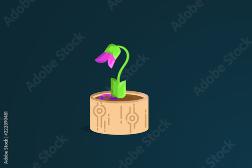 The end. Pink wilted flower in a pot. Flat vector illustration.