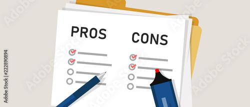 pros cons concept on decision making process. Listing positive and negative for a solution or choice. research question survey. mark on paper