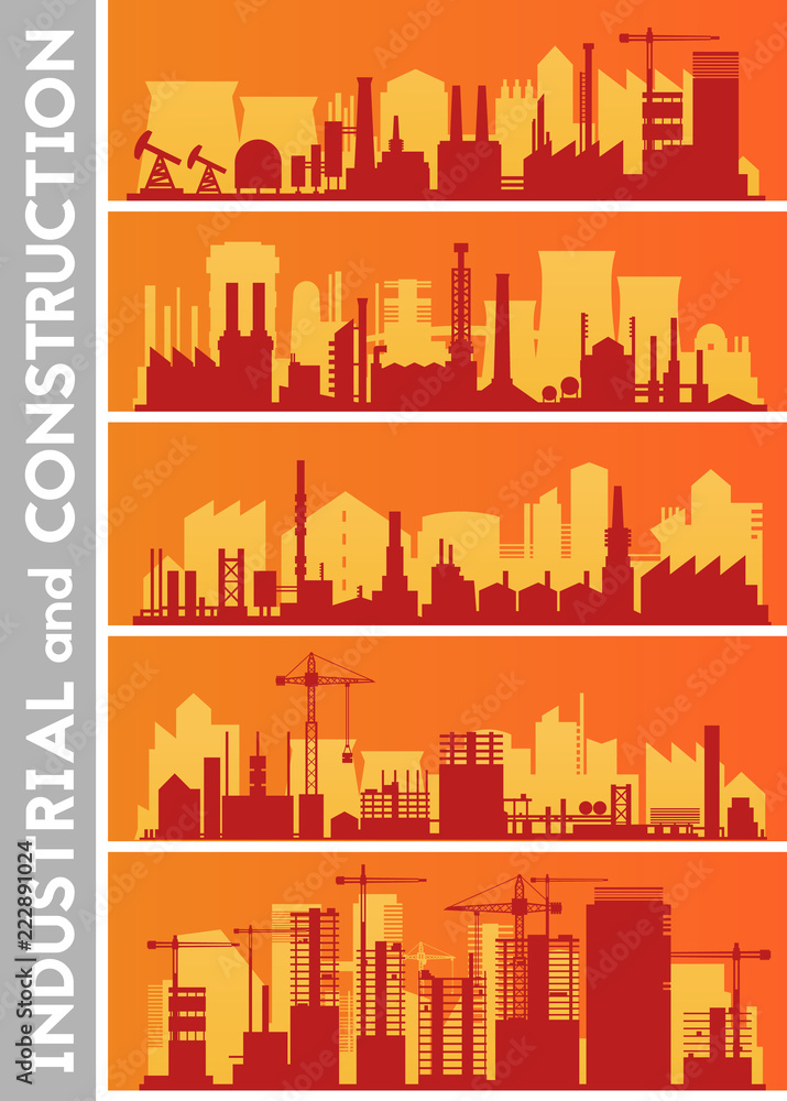 Vector horizontal banners with industrial part of city. Factories, refineries and power plants