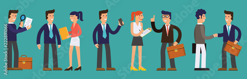 Vector concept cartoon character illustrations businessmen presentating a report, striking a target, searching information, talking with colleague, working with a computer, speaking by megaphone photo