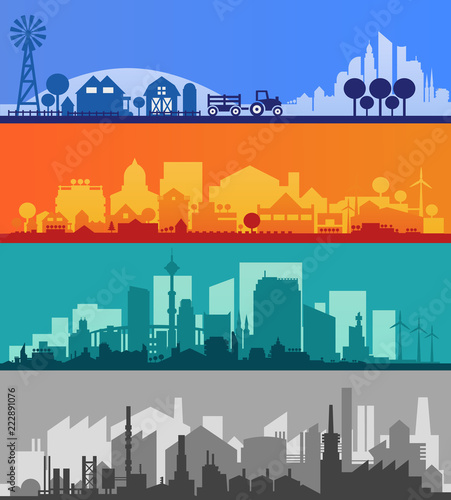 Vector collection of 3 horizontal banners with small town or village silhouettes