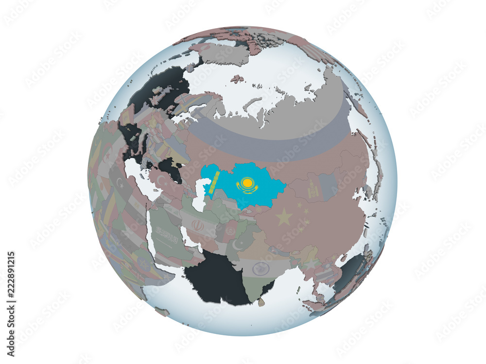 Kazakhstan with flag on globe isolated Kazakhstan with flag on globe isolated