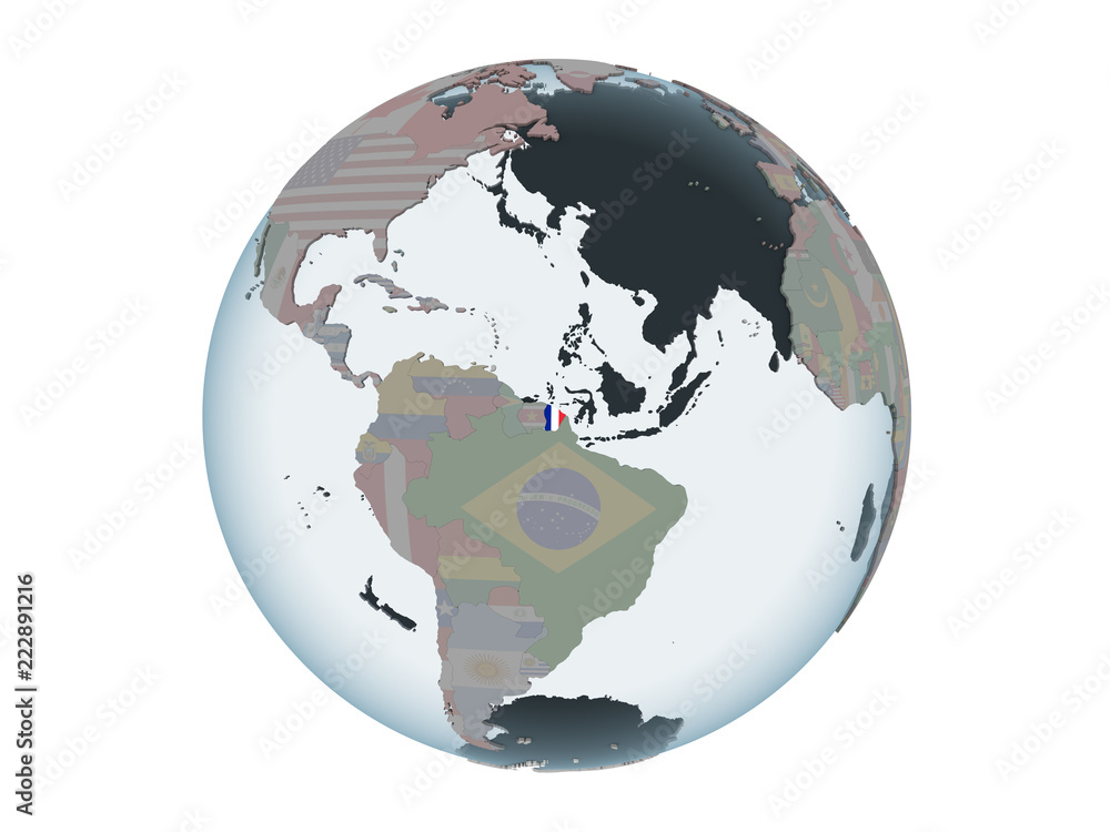 Obraz premium French Guiana with flag on globe isolated