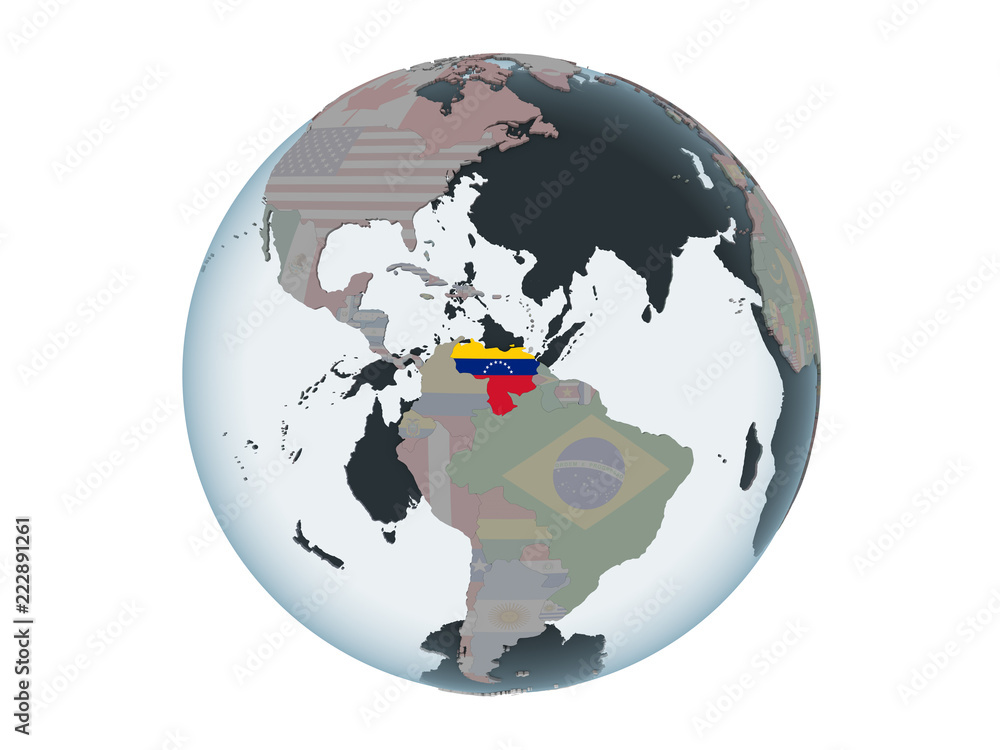 Obraz premium Venezuela with flag on globe isolated