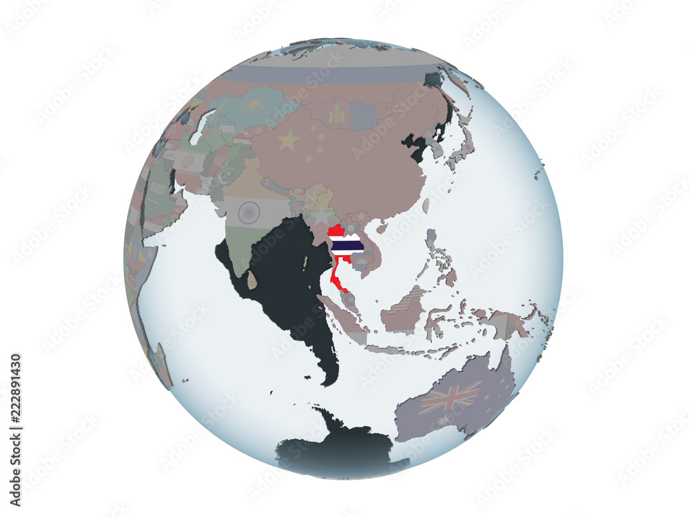 Obraz premium Thailand with flag on globe isolated