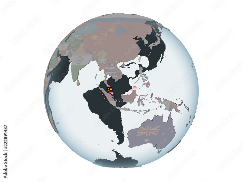 Malaysia with flag on globe isolated