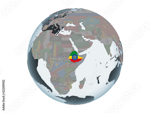 Ethiopia with flag on globe isolated