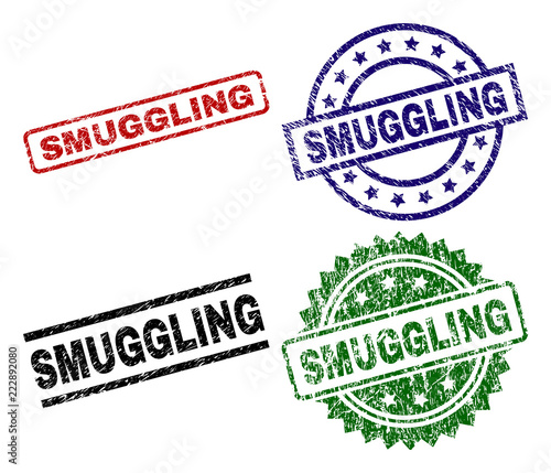SMUGGLING seal prints with distress style. Black, green,red,blue vector rubber prints of SMUGGLING tag with unclean texture. Rubber seals with circle, rectangle, medal shapes.