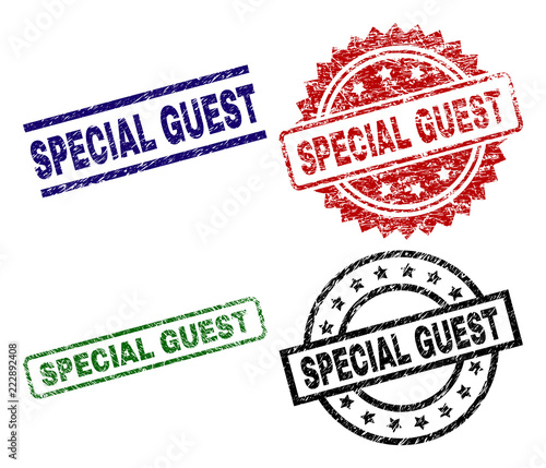 SPECIAL GUEST seal prints with corroded texture. Black, green,red,blue vector rubber prints of SPECIAL GUEST tag with corroded texture. Rubber seals with circle, rectangle, rosette shapes.