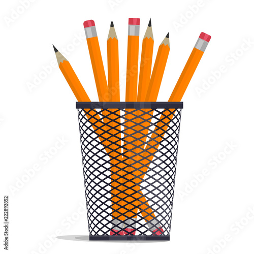 Pencil in holder basket, drawing equipment. Vector