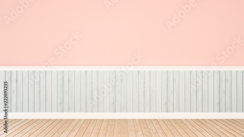 Wood floor with pink and blue wall in empty room for add artwork - Empty room on wood floor and wall decoration - 3D Illustration