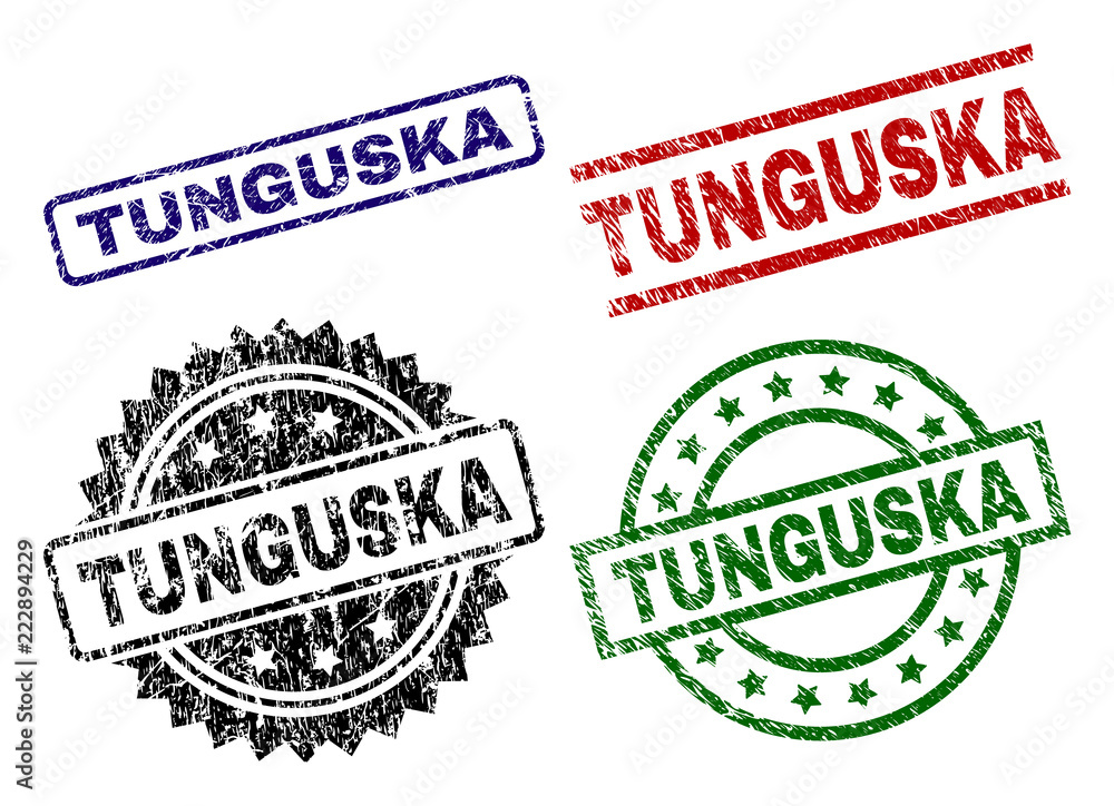 TUNGUSKA seal imprints with corroded style. Black, green,red,blue vector rubber prints of TUNGUSKA title with scratched style. Rubber seals with circle, rectangle, rosette shapes. TUNGUSKA seal imprints with corroded style. Black, green,red,blue vector rubber prints of TUNGUSKA title with scratched style. Rubber seals with circle, rectangle, rosette shapes.