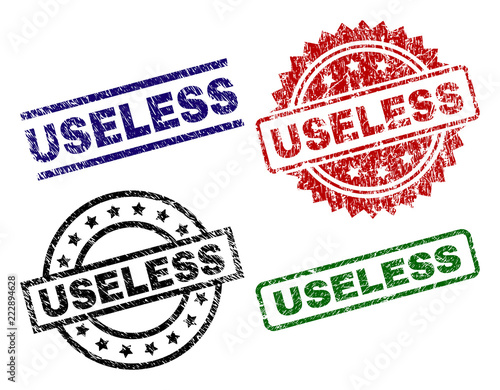 USELESS seal prints with damaged style. Black, green,red,blue vector rubber prints of USELESS text with dust surface. Rubber seals with round, rectangle, medallion shapes.