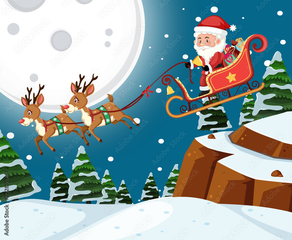 Santa on sleigh with reindoors night scene
