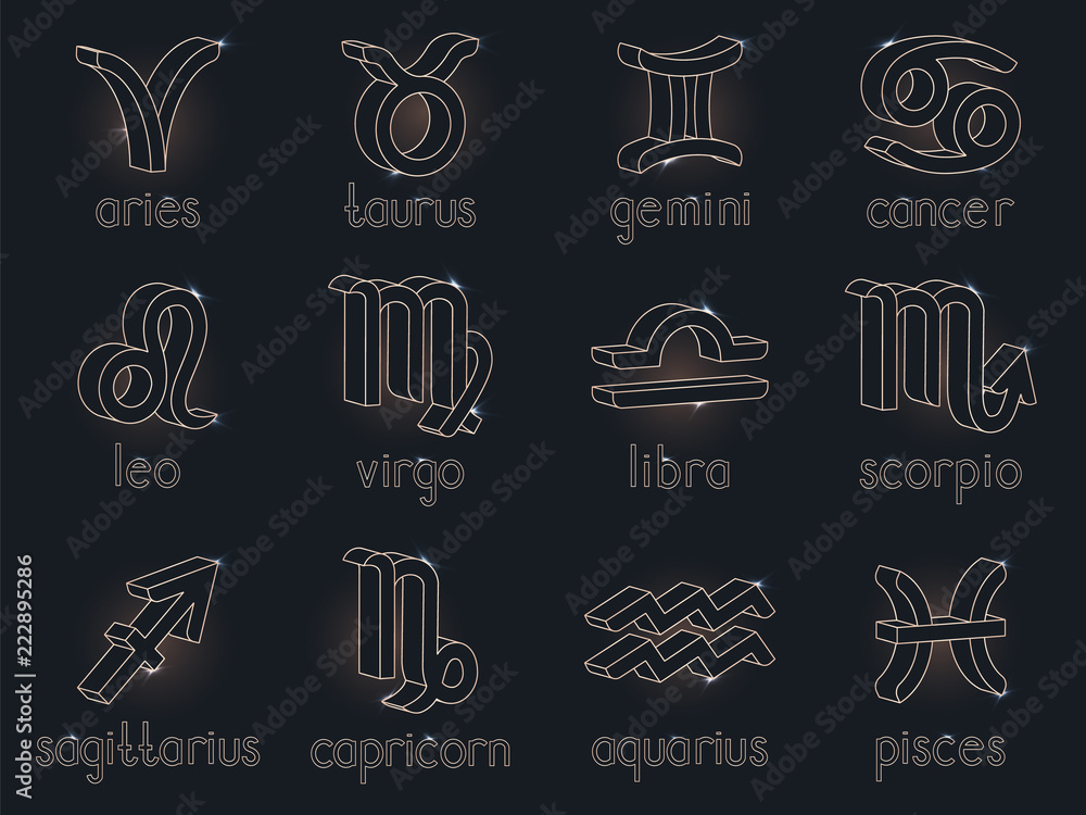 Vector set of 3d zodiac signs. Gold contour. Horoscope symbols collection: aries, taurus, gemini, cancer, leo, virgo, libra, scorpio, sagitarius, capricorn, aquarius, pisces.