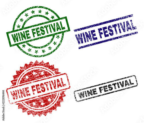 WINE FESTIVAL seal prints with damaged style. Black, green,red,blue vector rubber prints of WINE FESTIVAL tag with dust style. Rubber seals with round, rectangle, rosette shapes.