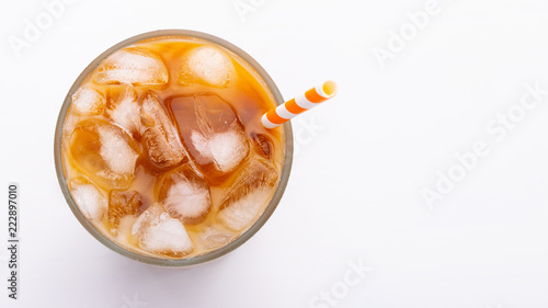 Ice latte top view close up on white background and clipping paths. With copy space