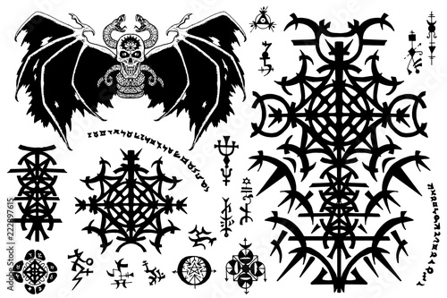 Design set with gothic symbols and winged evil demon on white. Esoteric, occult and Halloween concept, mystic vector illustrations for music album, book cover, t-shirts