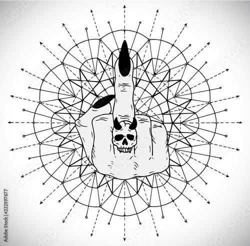 Middle finger fuck you concept against mystic circle background. Esoteric, occult and Halloween concept, mystic vector illustrations for music album, book cover, t-shirts