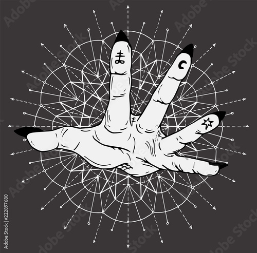 Open palm with mystic symbols on fingers on sacred geometry background. Esoteric, occult and Halloween concept, mystic vector illustrations for music album, book cover, t-shirts