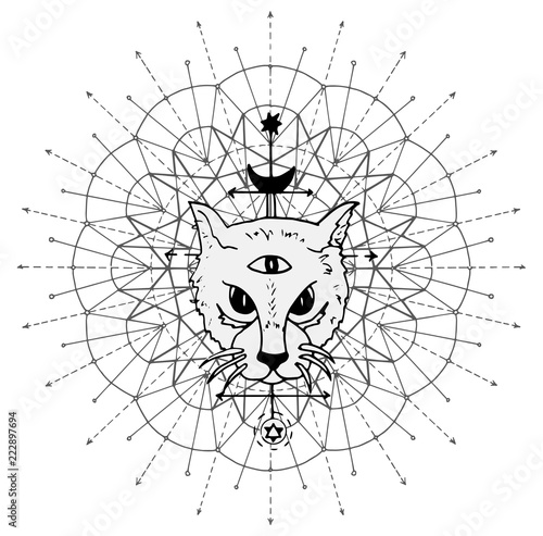 Cat muzzle with mystic symbols against sacred geometry background. Esoteric, occult and Halloween concept, mystic vector illustrations for music album, book cover, t-shirts