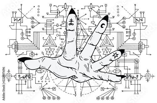 Open palm with mystic signs on fingers against sacred geometry pattern. Esoteric, occult and Halloween concept, mystic vector illustrations for music album, book cover, t-shirts