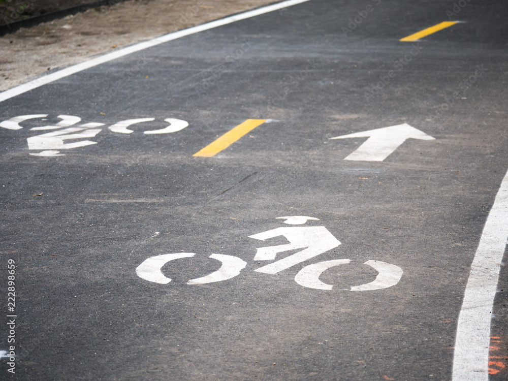 Fototapeta premium Photograph of a brand new asphalt bike path in Chicago with two way traffic bike symbols and arrows painted in white warning pedestrians of passing bicycles.